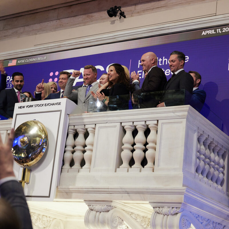 PACS Group, Inc.’s Jason Murray, Co-Founder, CEO and Chairman; and Mark Hancock, Co-Founder and Executive Vice Chairman, are surrounded by PACS executives, board members and family as they ring the closing bell at the New York Stock Exchange on Thursday, April 11, 2024.