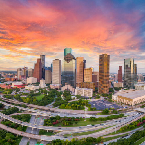 Houston, Texas, USA Drone Skyline Aerial Panorama.